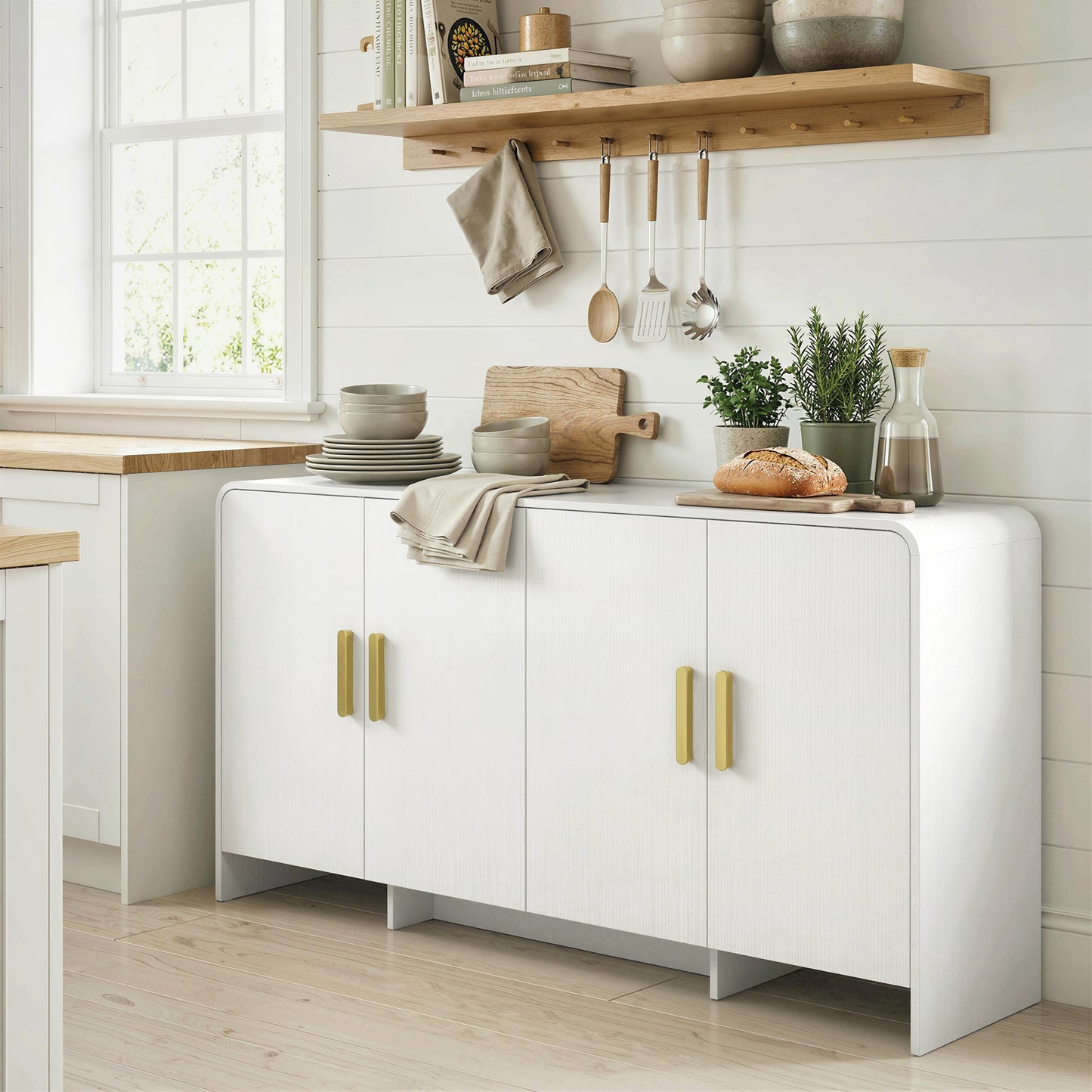 60" Sideboard Buffet Cabinet with Soft Close Doors, TV Stand for TVs up to 72 Inch, White Wood Grain