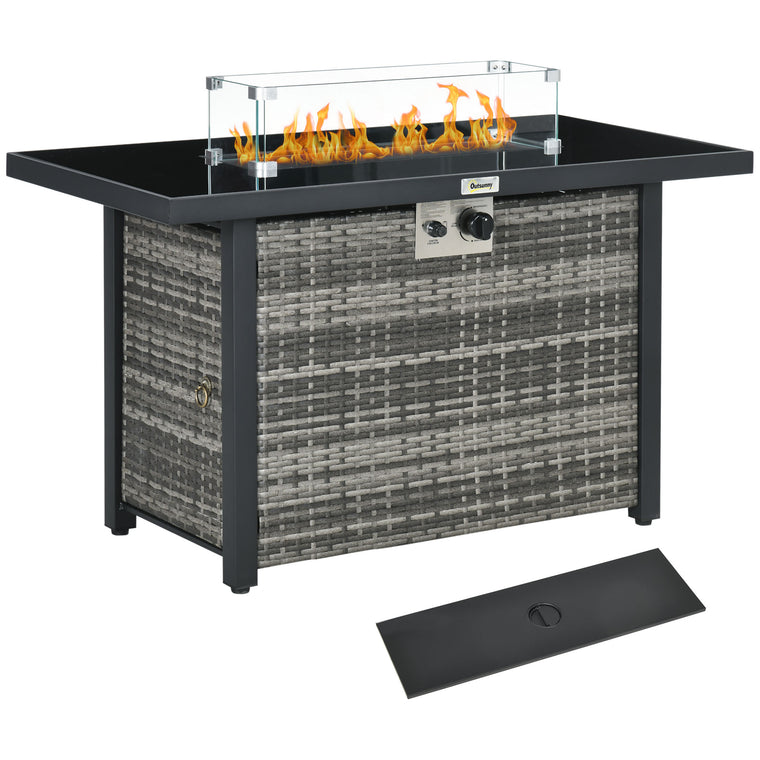Grey 43" Wicker Propane Fire Pit Table with Wind Guard