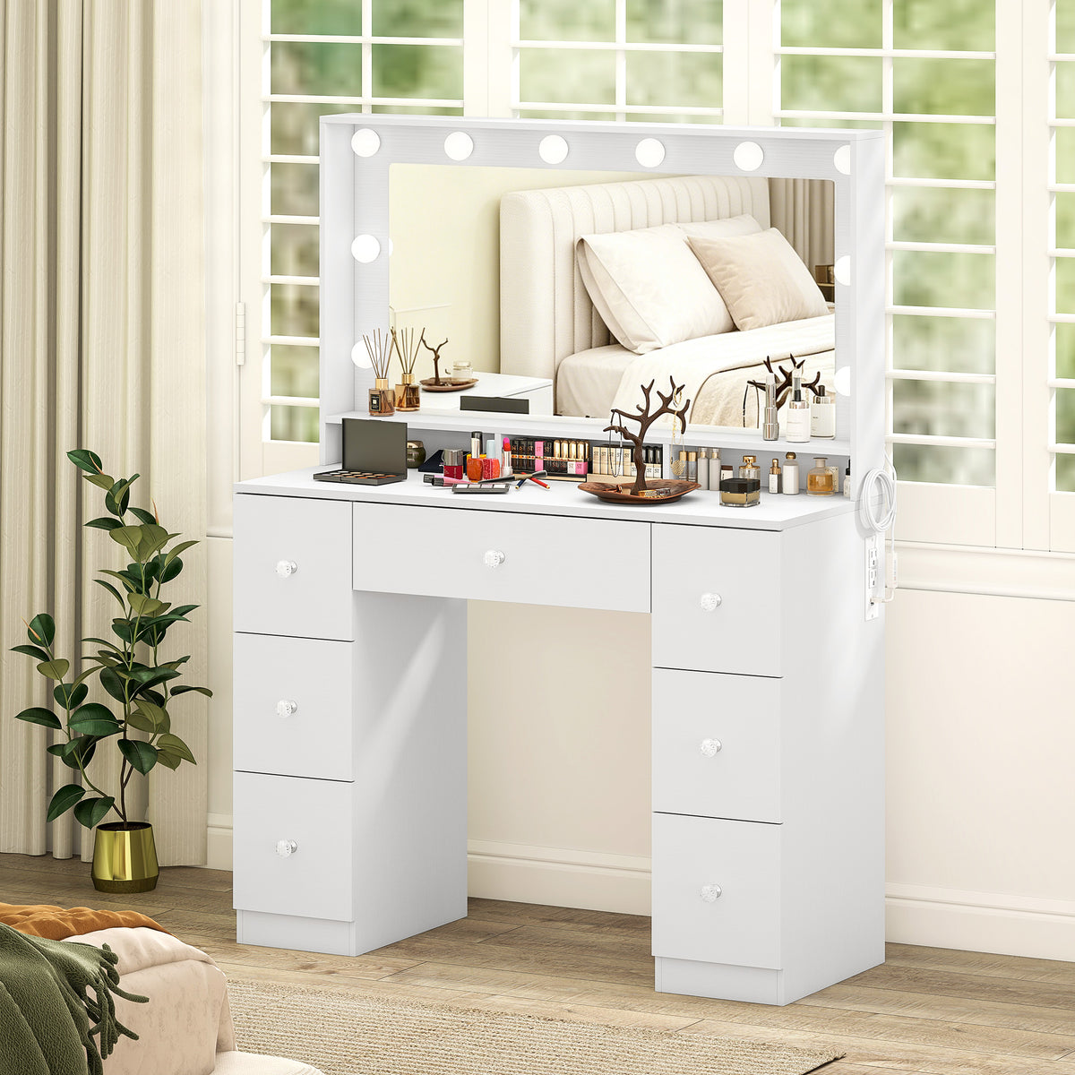Vanity Desk with 10 Dimmable LED Lights, Mirror Dressing Table with 7 Drawers and Charging Station, White