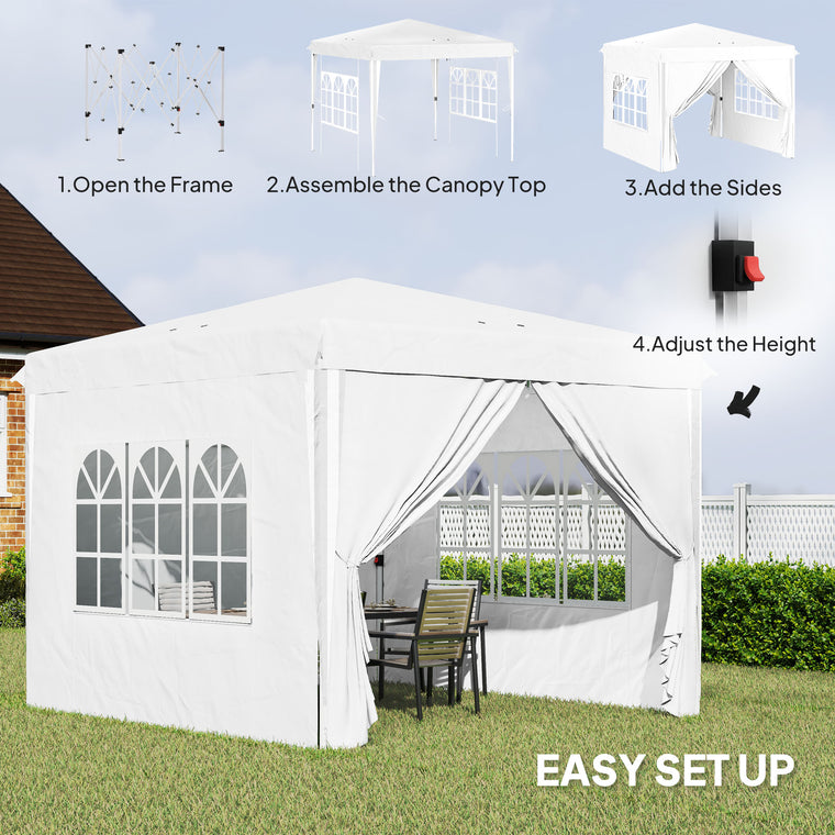 10' x 10' White Height-Adjustable Pop-Up Canopy with Sidewalls