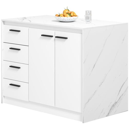 Kitchen Island with 4 Drawers & Faux Marble Top - White