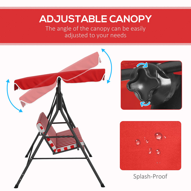 3-Seater Porch Swing Chair with Adjustable Canopy - Red