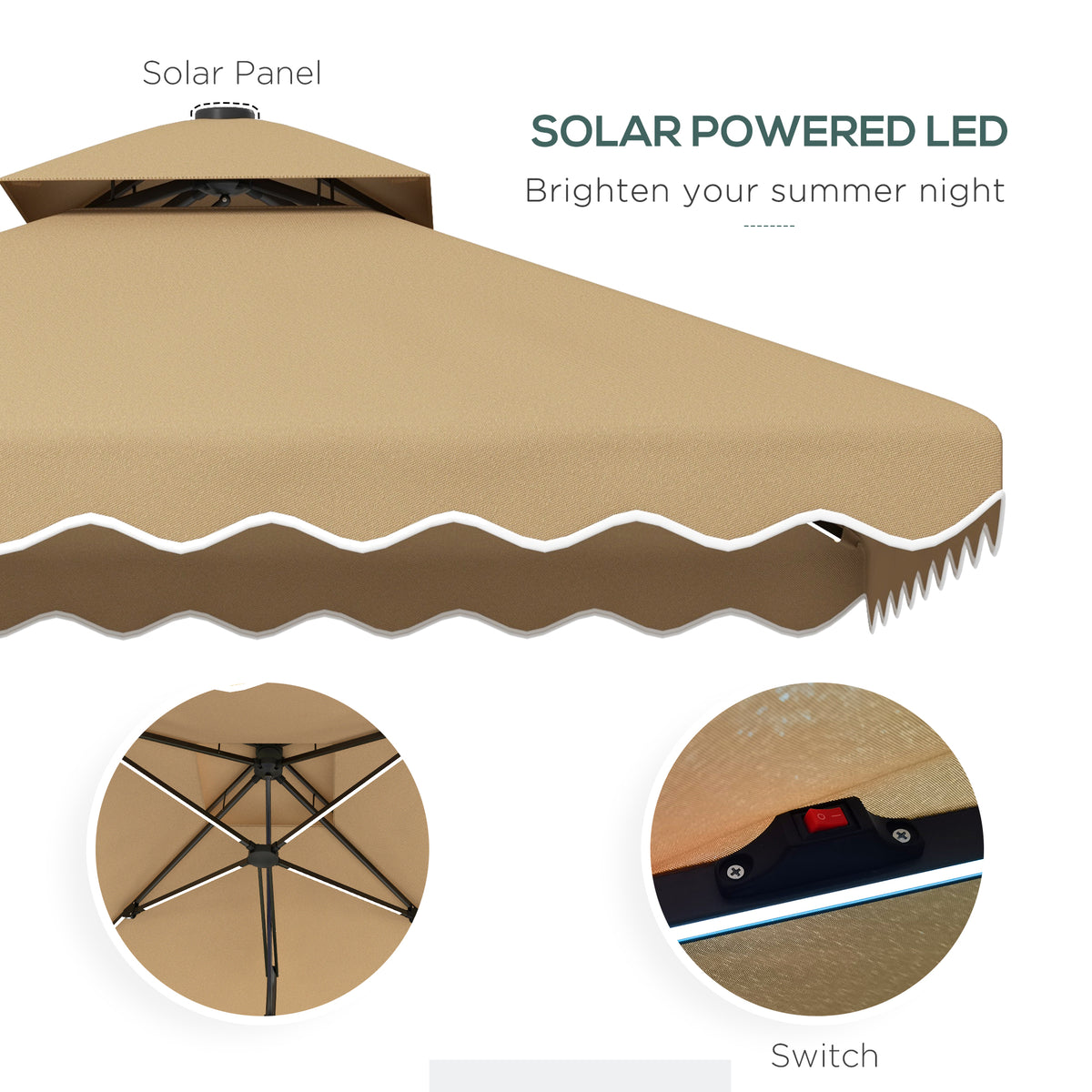 8' x 8' Khaki Double-Top Offset Parasol with Solar LEDs