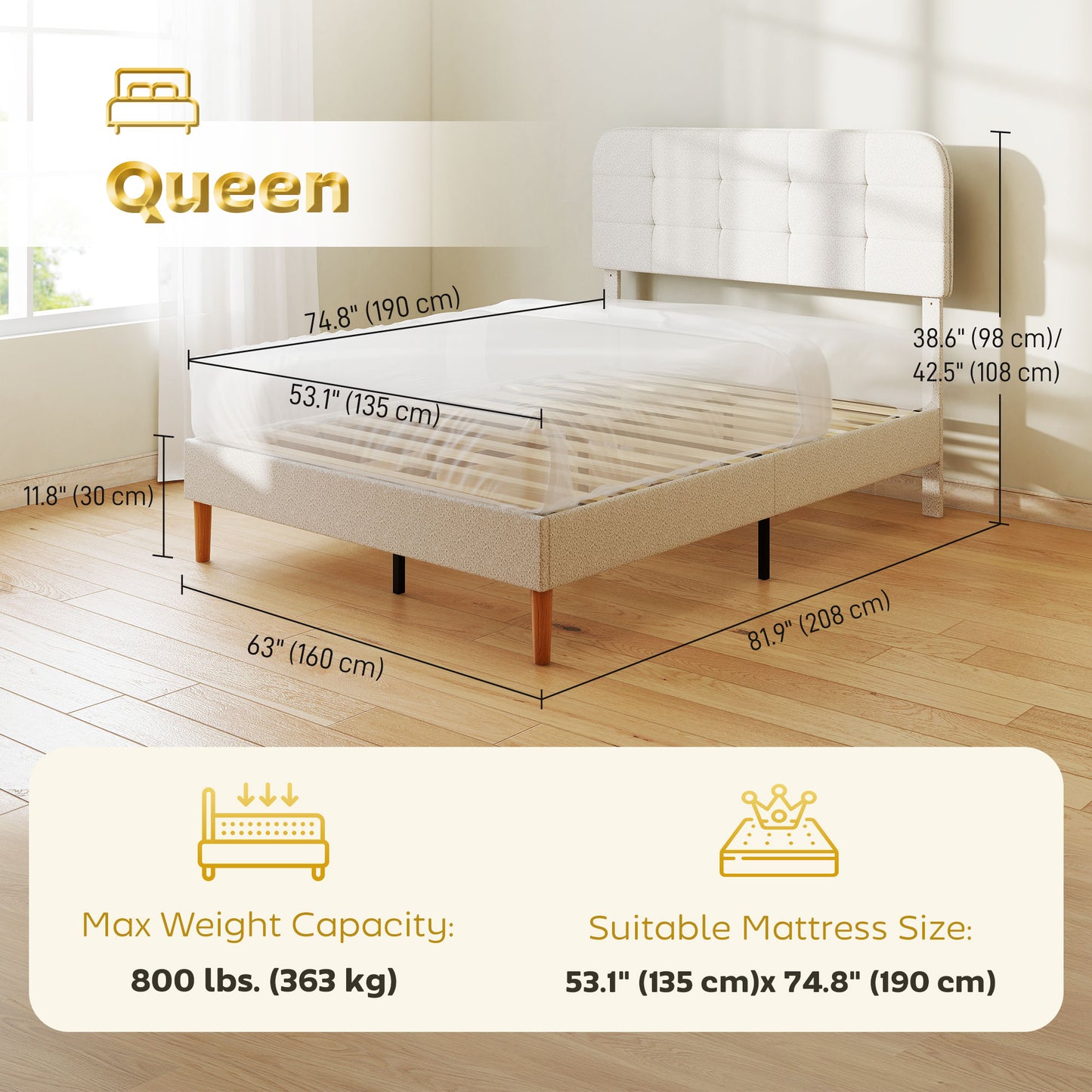 Queen Size Bed Frame with Adjustable Headboard Upholstered Platform Bed Frame with Wood Slat Support Noise Free White