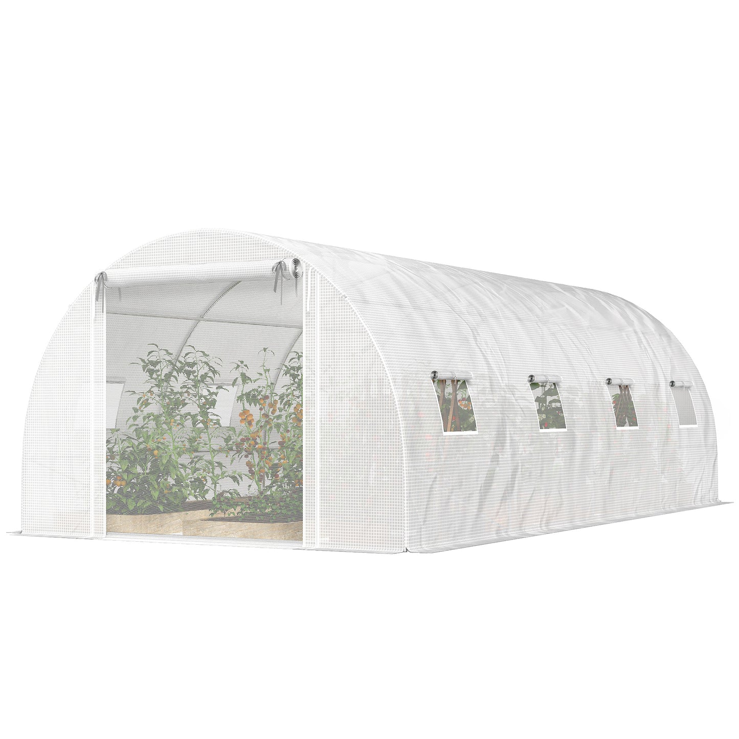 Walk-in Tunnel Greenhouse with 2 Support Rods, Mesh Door, Plant Hot House with PE Cover, 20'x10'x7', White