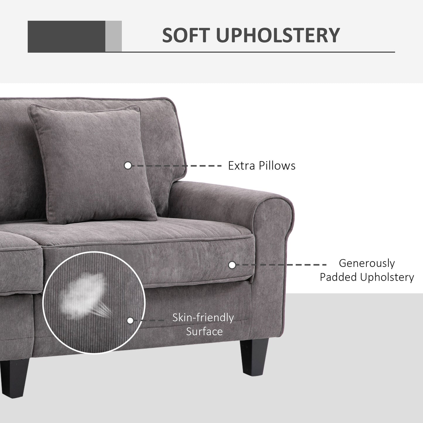 Modern 3 Seater Sofa, Corduroy Fabric 3 Seater Couch with Pine Wood Legs and Rolled Armrests for Living Room, Light Grey