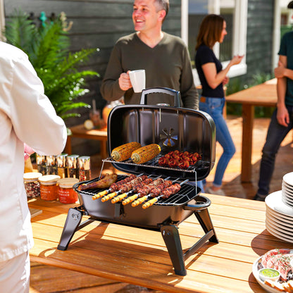 Black Foldable Charcoal BBQ Grill with Warming Rack