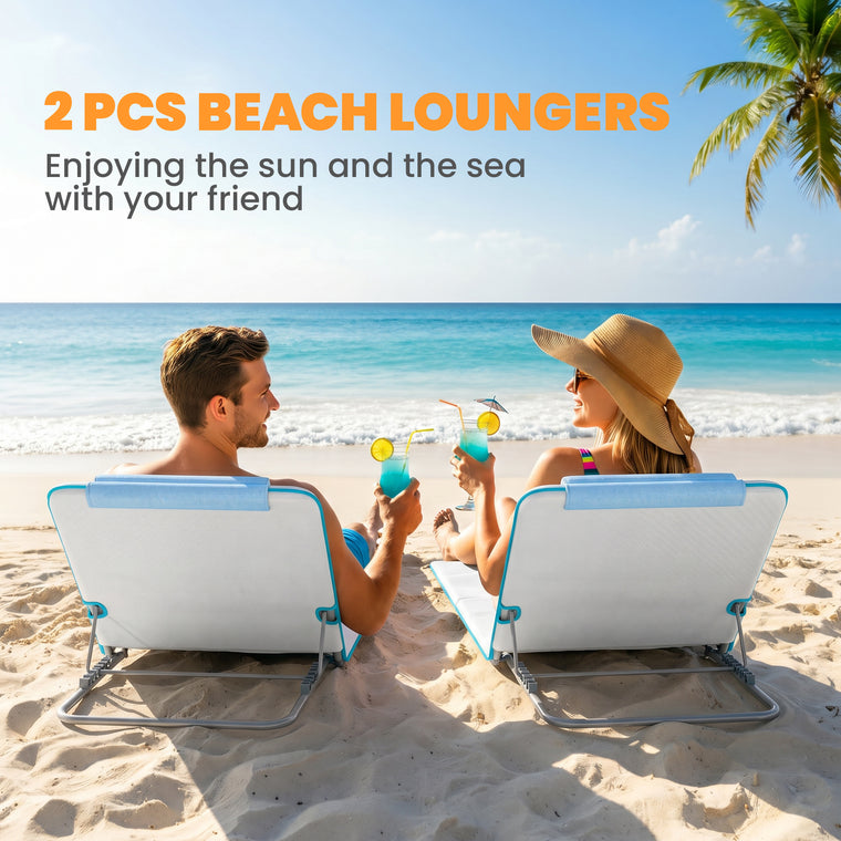 2-Piece Folding Beach Lounge Chair Set with Pillow - Beige/Black