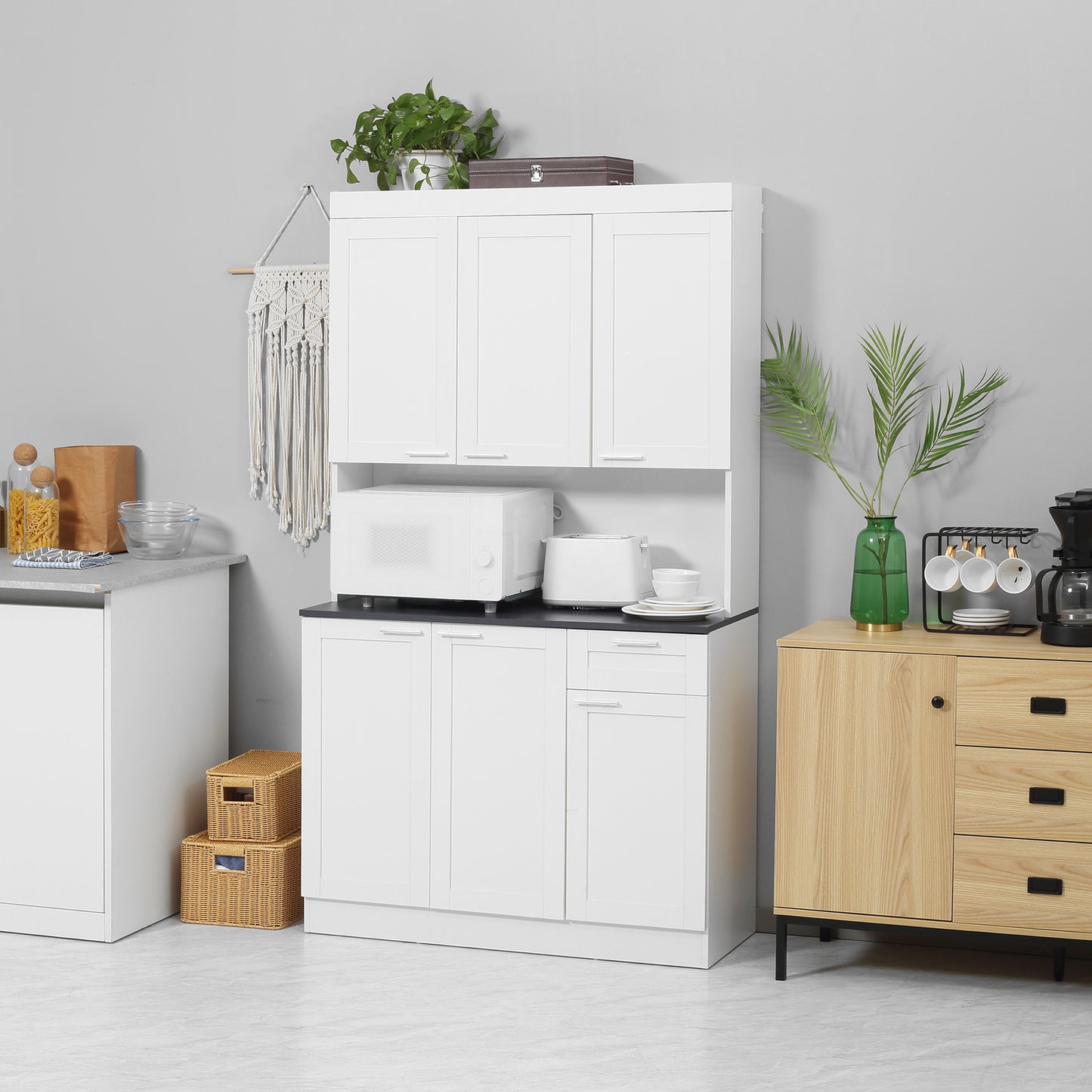 71" Kitchen Pantry Cabinet, Storage Buffet with Hutch, Adjustable Shelves, Cable Management for Kitchen, Living Room, High Gloss White