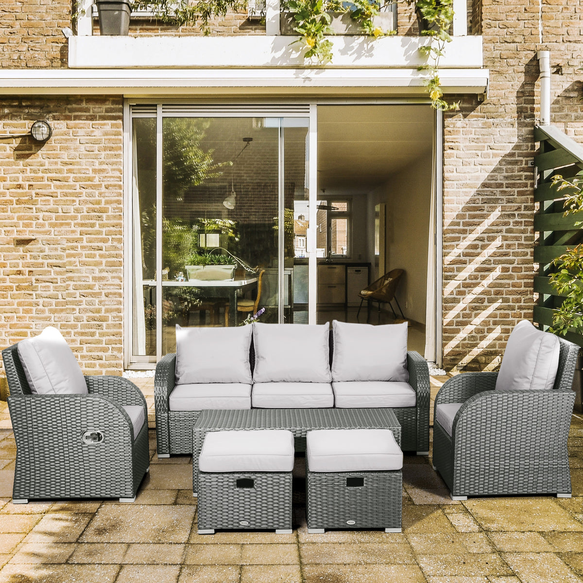 6 Pcs Patio Furniture Set with Wicker Recliner Chairs, PE Wicker Sectional Sofa Set with a 3-Seat Sofa, 2 Footstools, Table, 2 Recliner Chairs, Grey