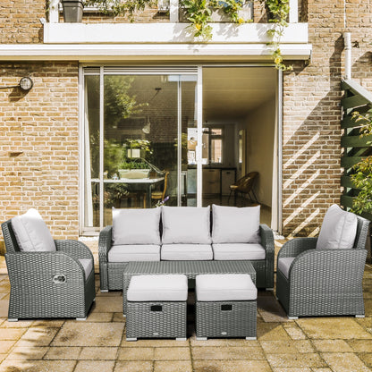 Grey 6-Piece Wicker Sectional Sofa Set with Recliners