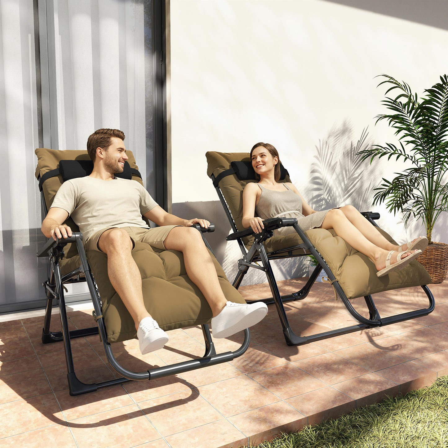 Folding Garden Chairs Set of 2, Reclining Zero Gravity Chair, Sun Lounger with Cushion and Headrest, Khaki