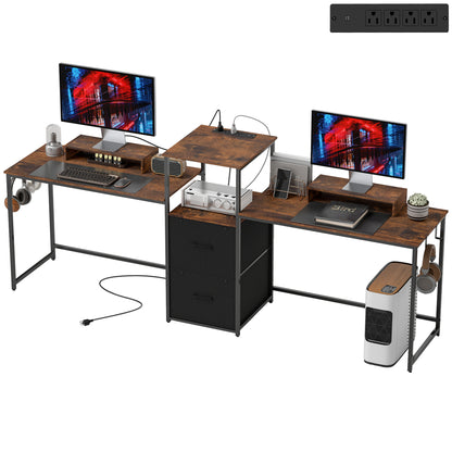 96" Dual Gaming Desk with Power Outlets and Monitor Stands - Rustic Brown