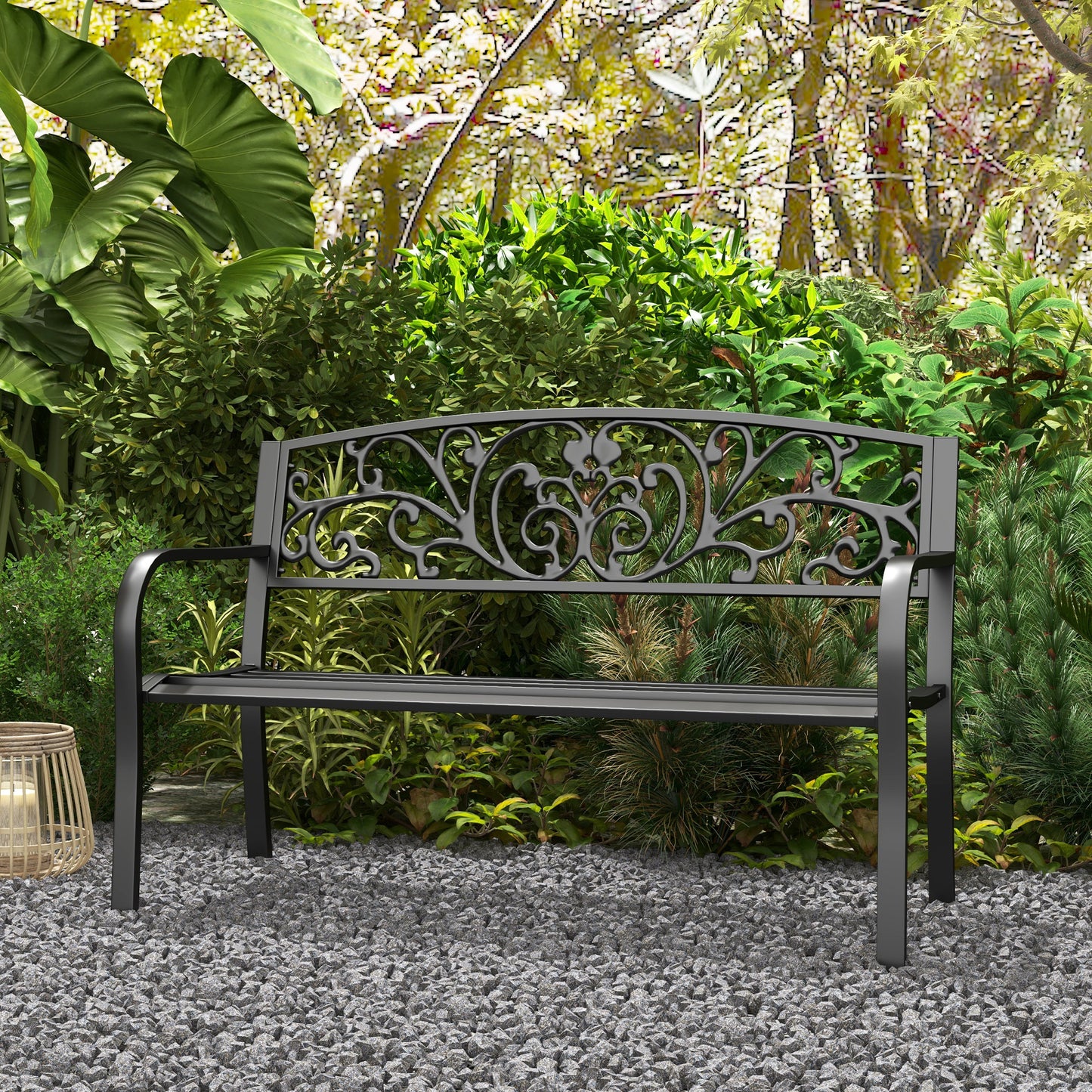 50" 2-Seater Garden Bench Chair, Outdoor Blossoming Pattern Garden Decorative Loveseat Bench for Yard, Lawn, Porch, Black