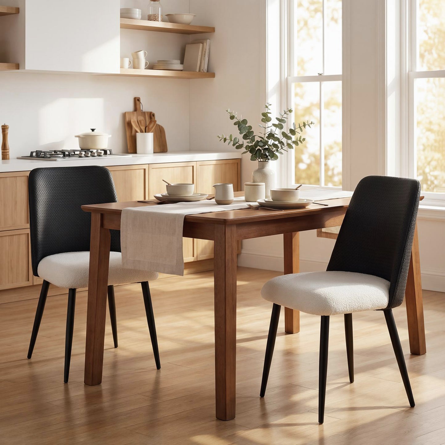 Dining Chairs Upholstered Kitchen Chairs Set of 2 with Steel Legs and Padded Seat for Dining Room, Kitchen, Black