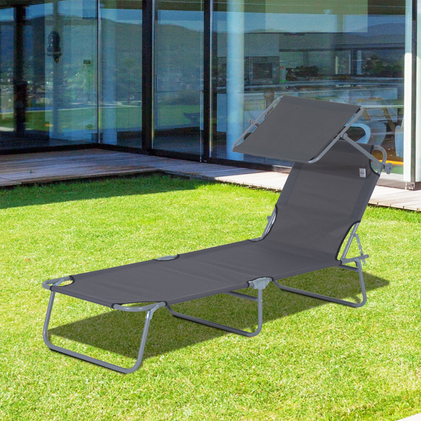 Outdoor Lounge Chair, Adjustable Folding Chaise Lounge, Tanning Chair with Sun Shade for Beach, Camping, Hiking, Backyard, Light Grey
