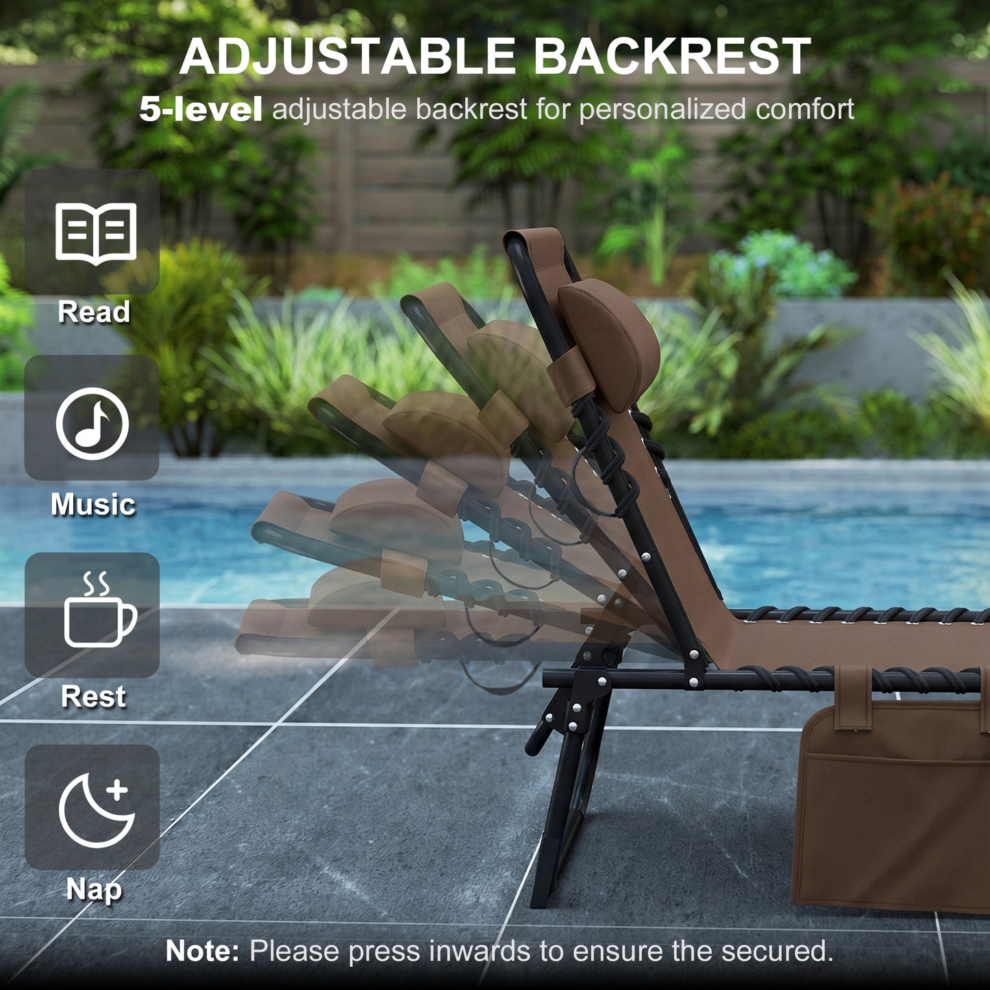 Outdoor Folding Chaise Lounge, Reclining Lounge Chair with Adjustable Backrest and Removable Pillow, Brown