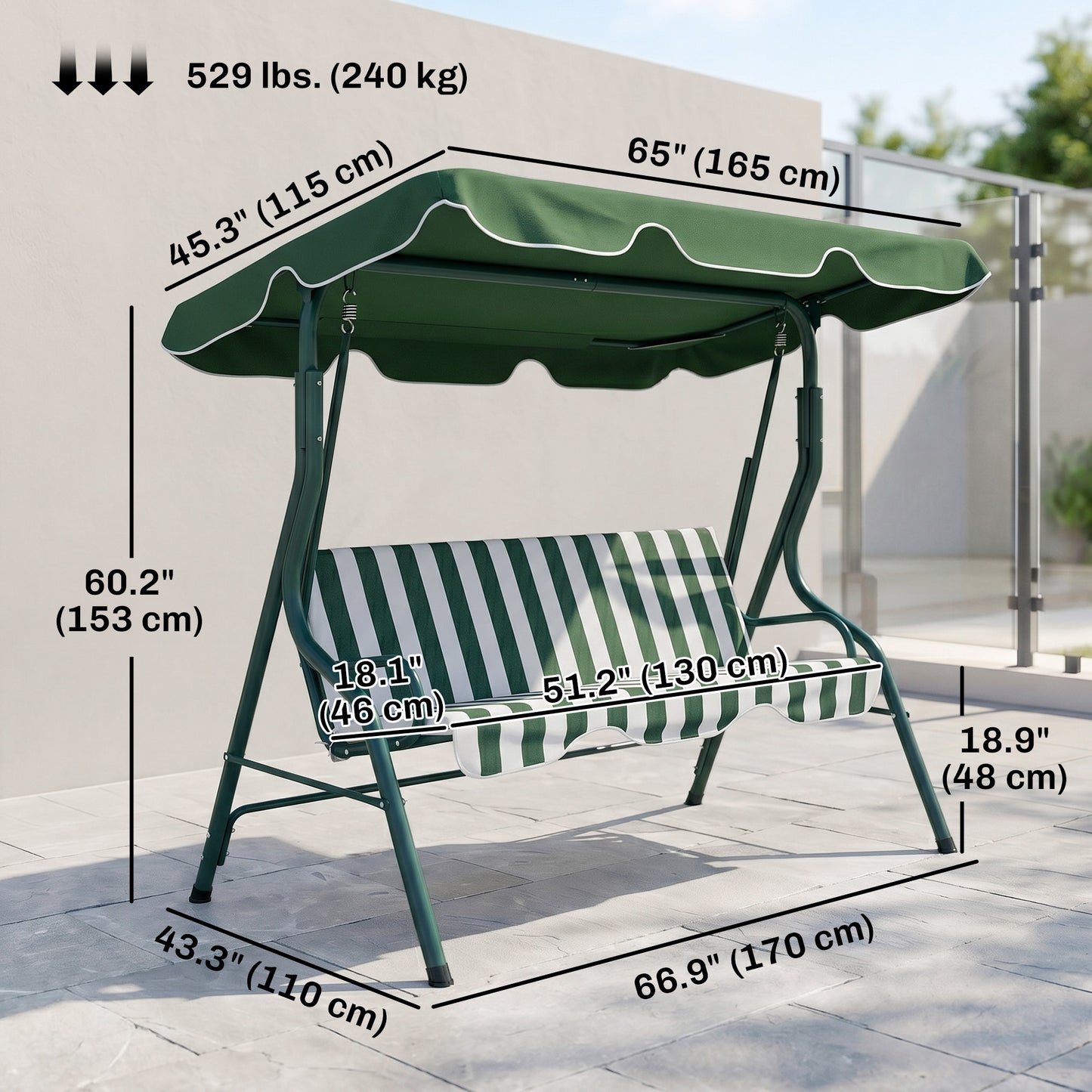 Outdoor Porch Swing with Adjustable Canopy, 3-Seater Patio Swing Chair with Cushion, Black