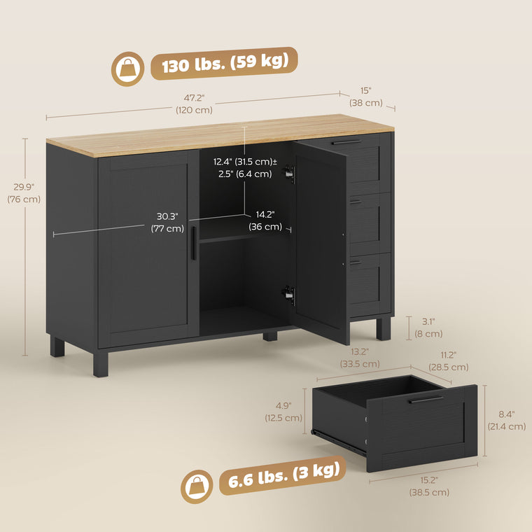 Buffet Cabinet with Soft-Close Doors and 3 Drawers - Black