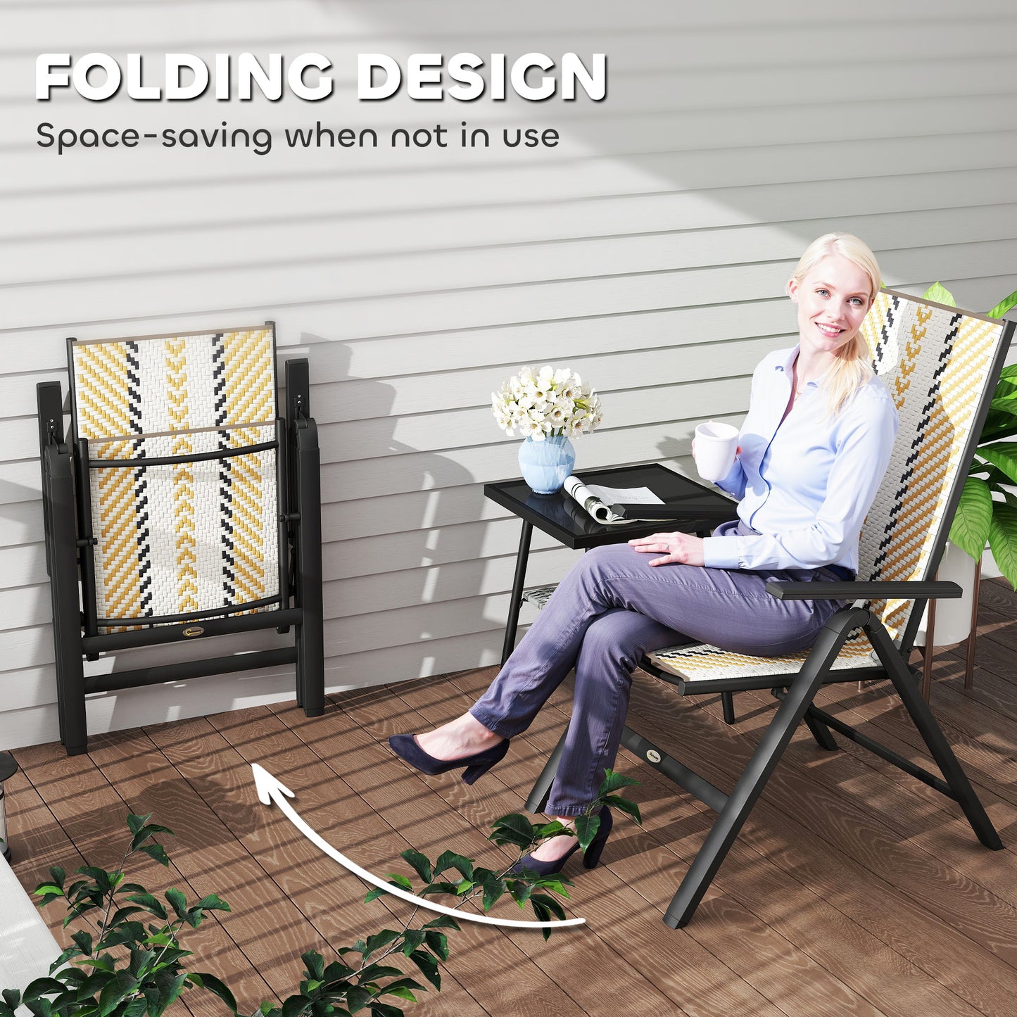 Outdoor Wicker Chairs Set of 2 with 5-Position Adjustable Backrest, Armrest, Steel Frame, Orange