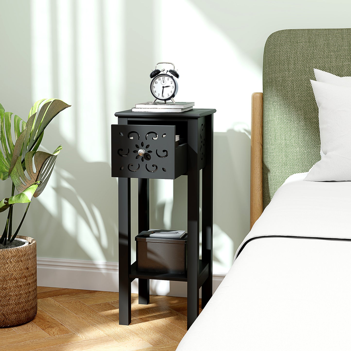 Nightstand Set of 2 with Drawer and Open Storage Shelf Black