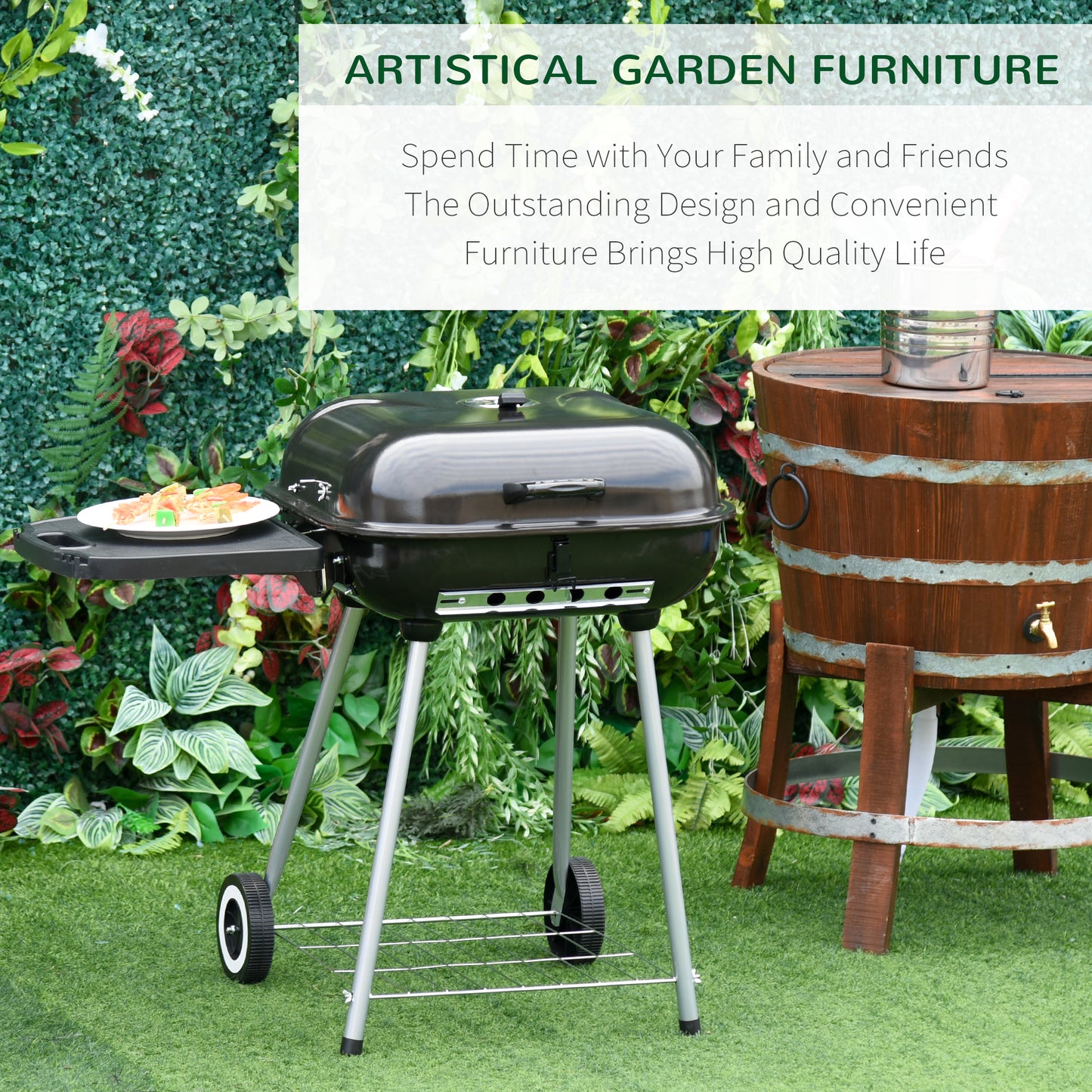 Charcoal BBQ Grill with Warming Rack & Storage Side Table, Portable Barbecue Smoker, 89 x 60 x 83 cm, Black