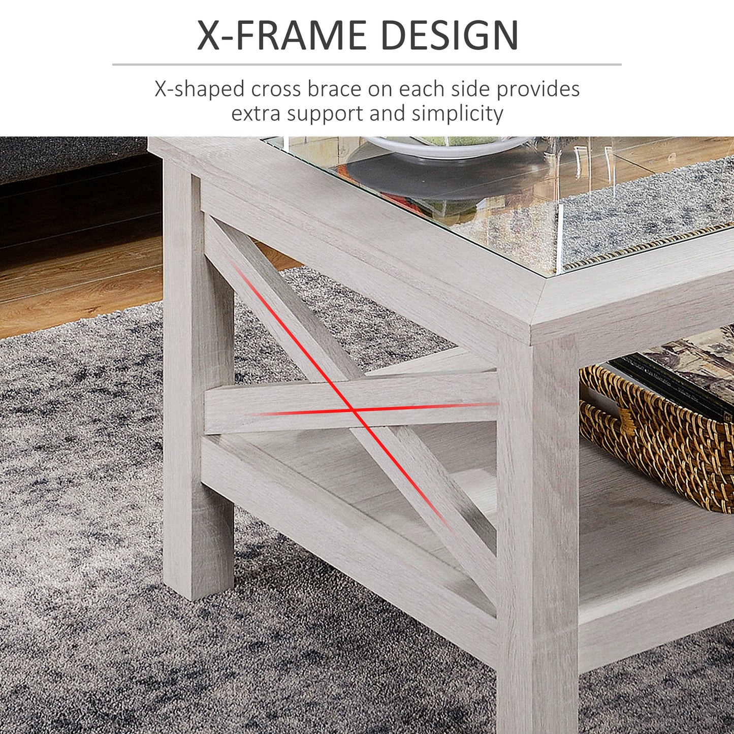 Farmhouse Coffee Table with Tempered Glass Table Top, 2-tier Center Table with Bottom Storage Shelf for Living Room, Bedroom