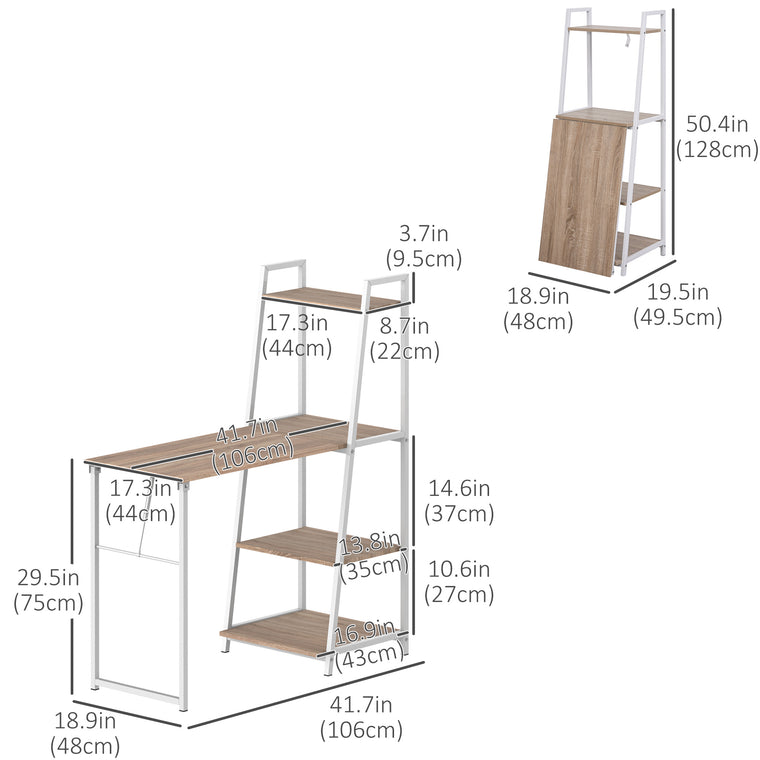 Computer Desk with Storage Shelves and Foldable Top - White