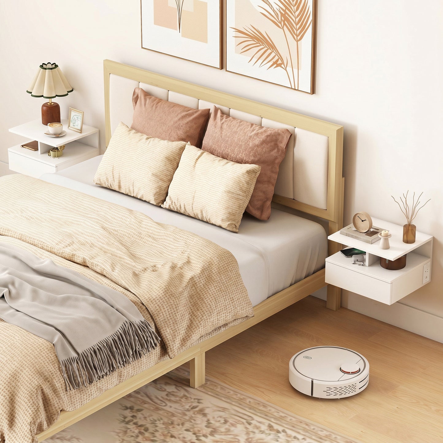 Floating Nightstand Set of 2, Wall Mounted Bedside Table with Power Outlets, Drawer and Shelf, White