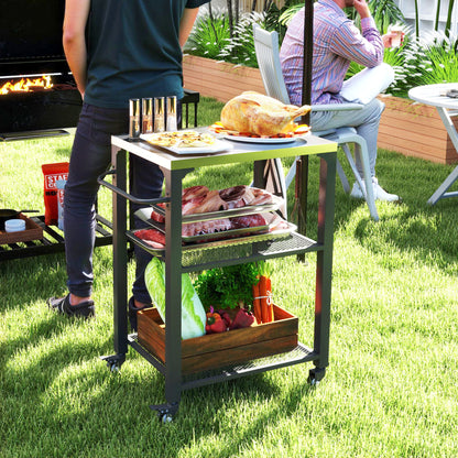 3-Shelf Grill Cart with Stainless Steel Top & Wheels