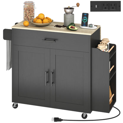 Rolling Kitchen Island with Drop Leaf & USB - Black