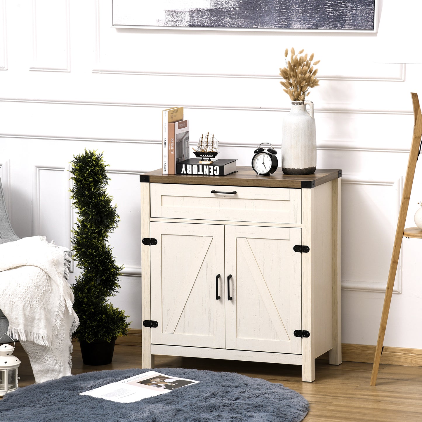 Farmhouse Kitchen Storage Cabinet, Sideboard Buffet Cabinet with 2 Rustic Barn Doors and Drawer, White