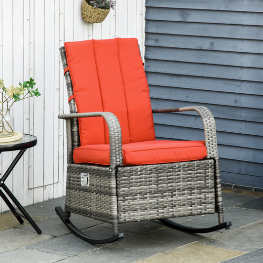 Outdoor Wicker Rocking Chair with Cushion, Patio PE Rattan Recliner Chair with Adjustable Footrest, Armrests, Red - Red