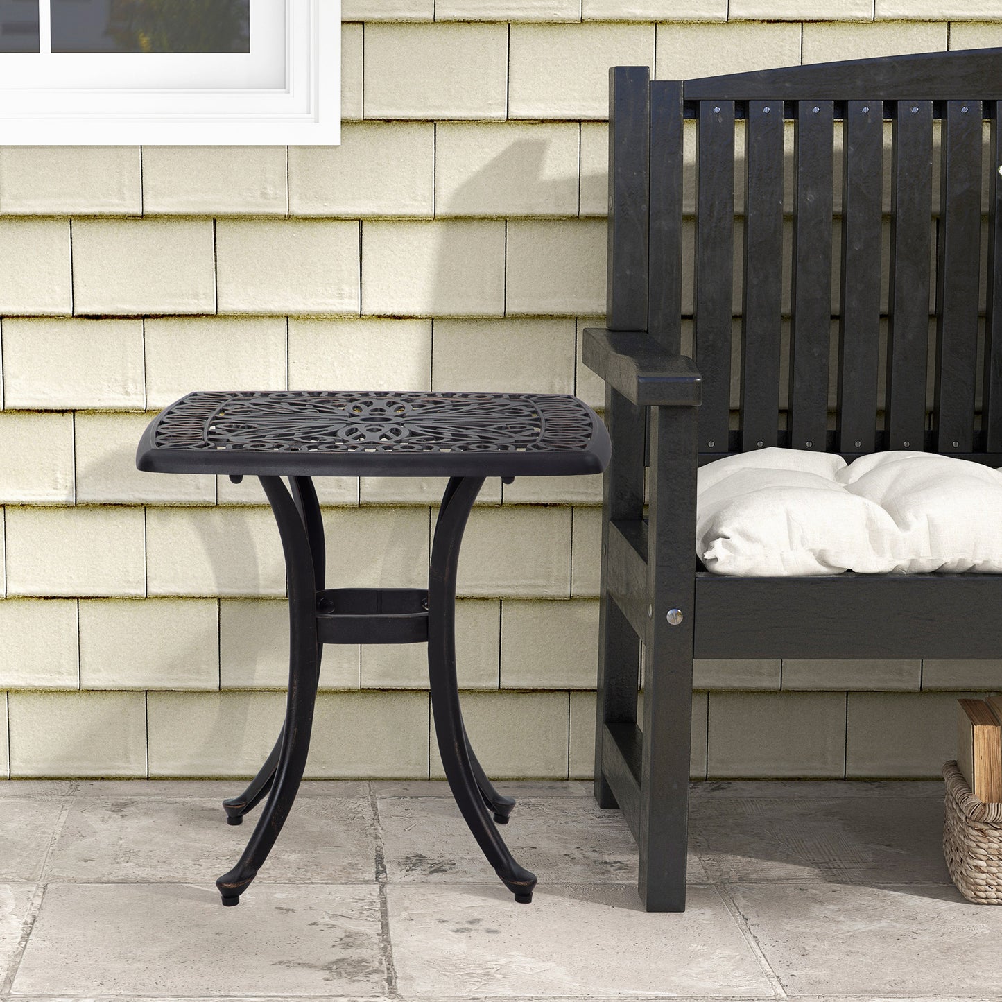 21" Square Outdoor End Table, Cast Aluminum Patio Side Table with Umbrella Hole for Garden, Balcony, Poolside, Black