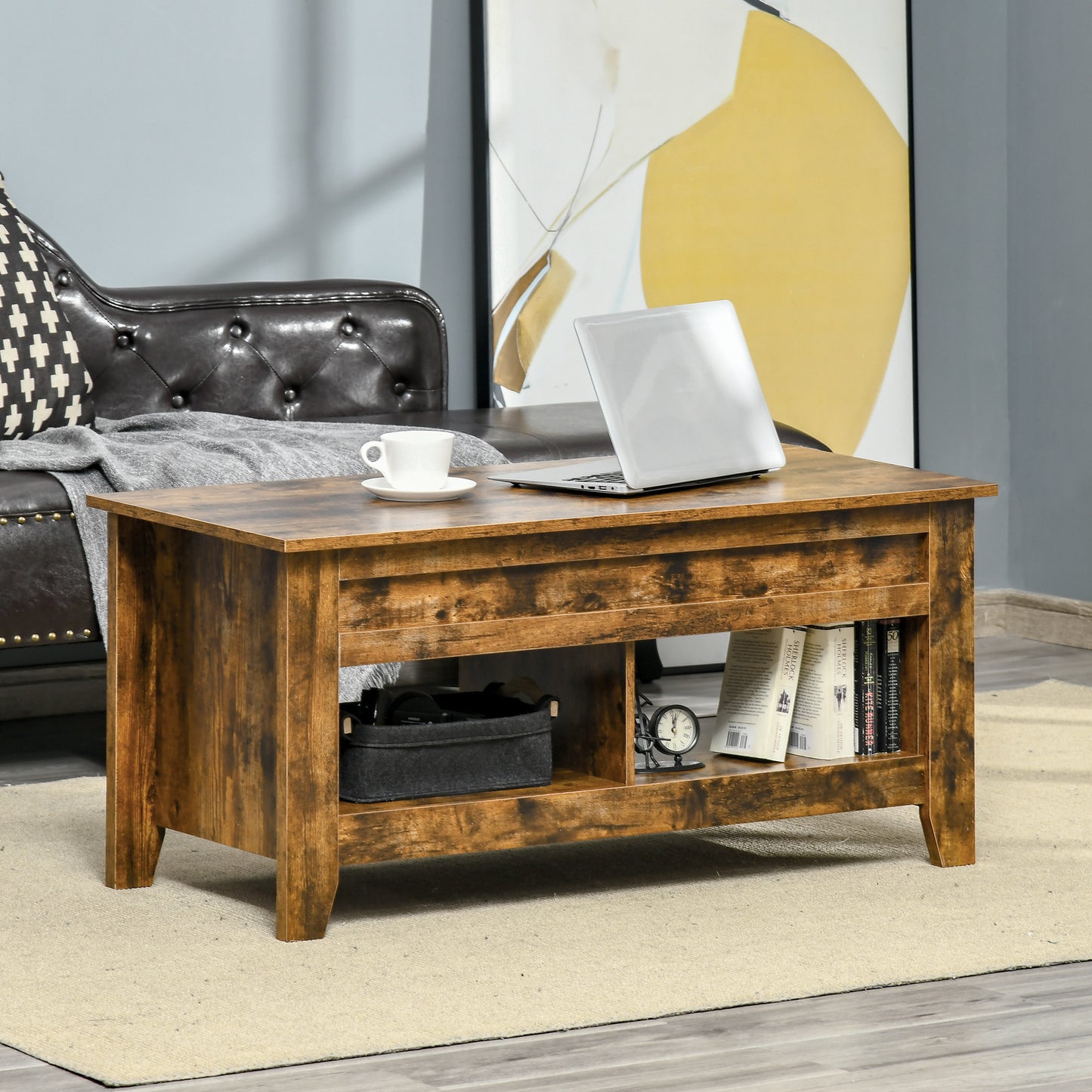 Lift Top Coffee Table with Hidden Storage Compartment and Open Shelves, Lift Tabletop Pop-Up Center Table for Living Room, Brown