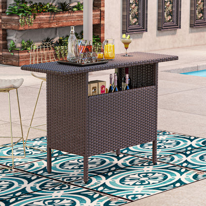 Bar Height Wicker Table with 2 Storage Shelves