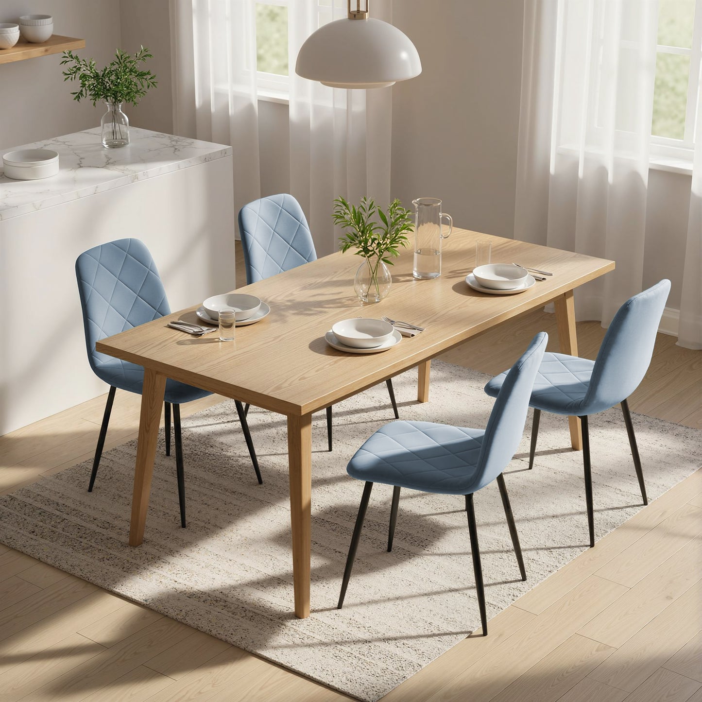 Dining Chairs Set of 4, Upholstered Dining Room Chairs with Steel Legs, Modern Kitchen Chair for Dining Room, Light Blue