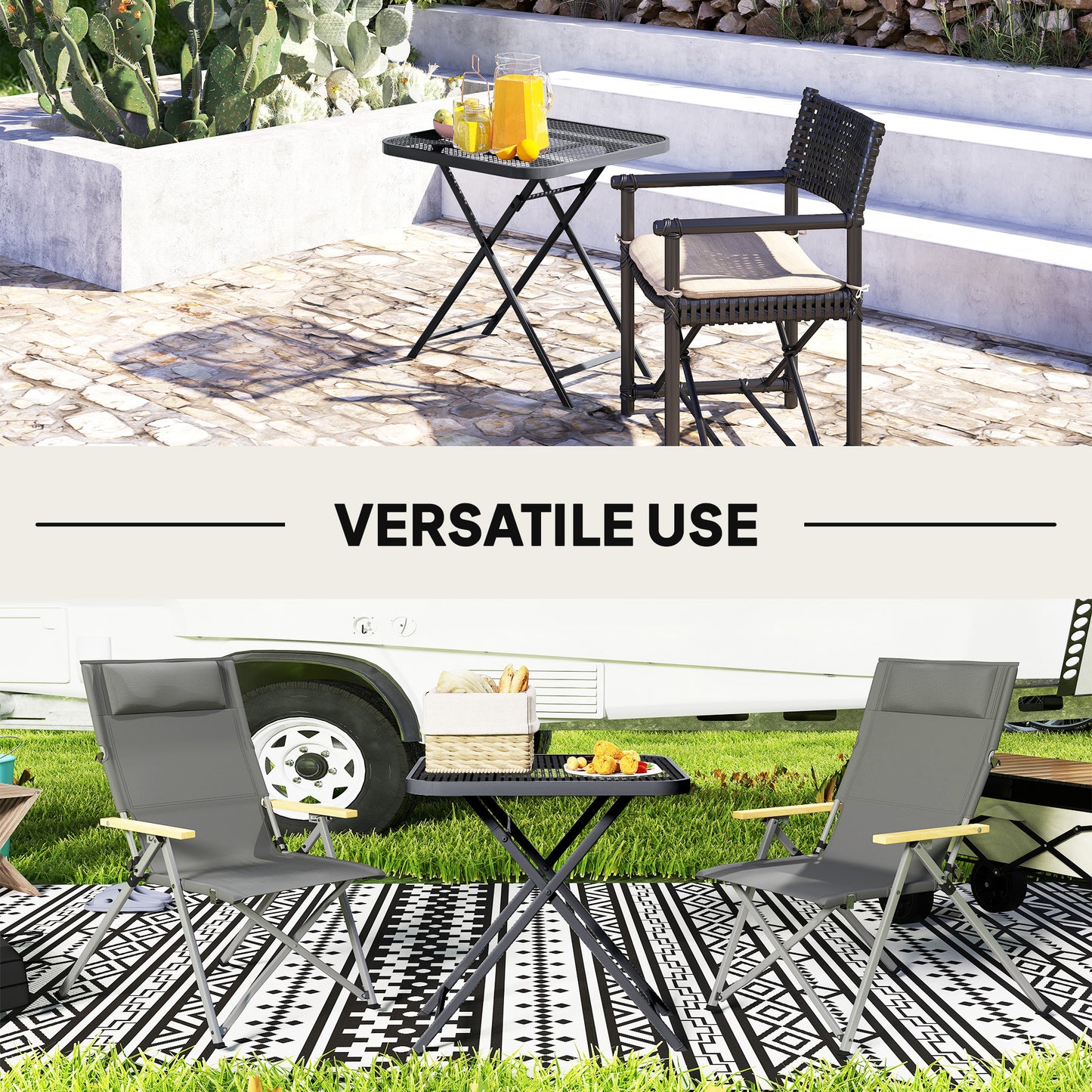 27.5" Square Outdoor Patio Table, Outdoor Folding Table with Grid Rattan-Like Top for Camping, Picnic, Black