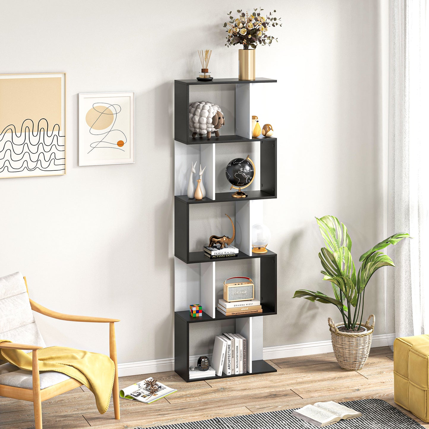 Modern Bookcase 5-Tier Display Shelf Storage Shelf Room Divider Living Room Home Office Furniture, Black