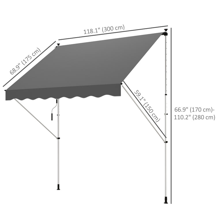 10' x 5' Grey Manual Retractable Awning with Support Pole