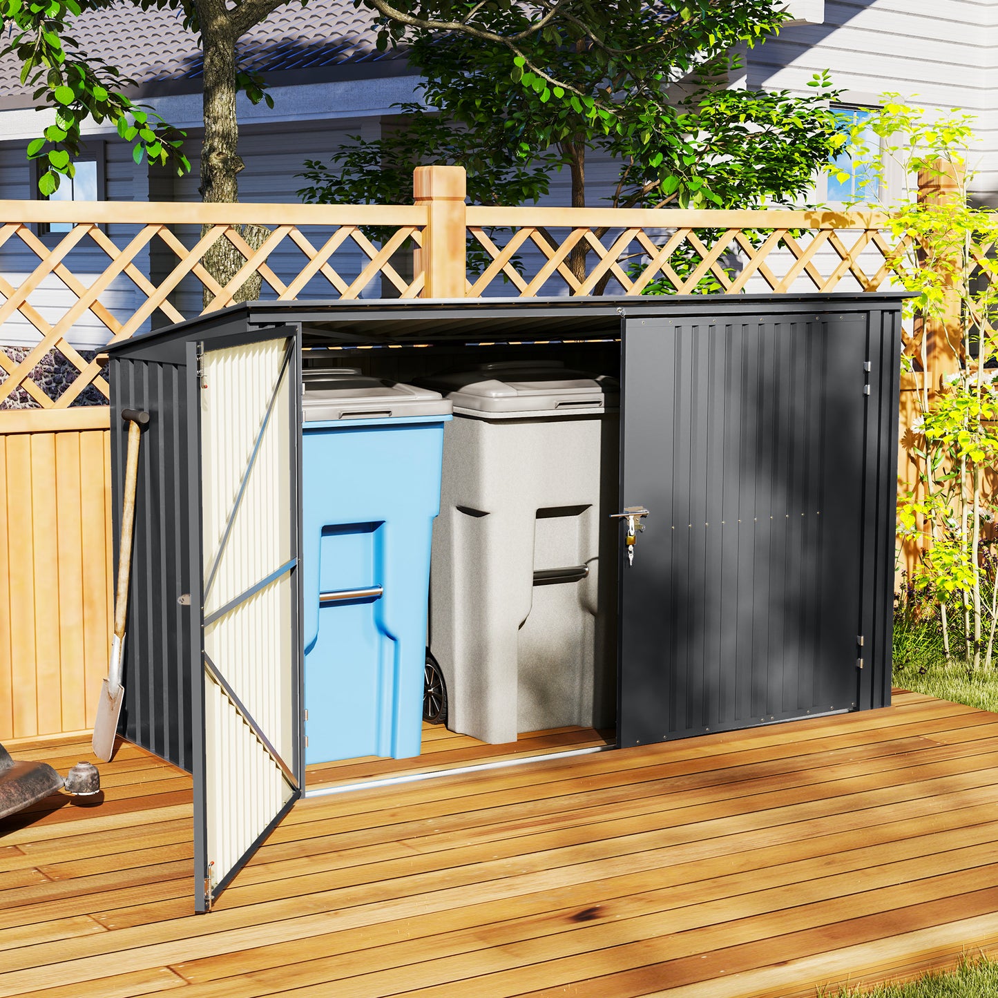 7.6 x 3.4ft Outdoor Storage Shed, Triple Garbage Bin Shed Organizer with Lockable Double Doors and Openable Lid