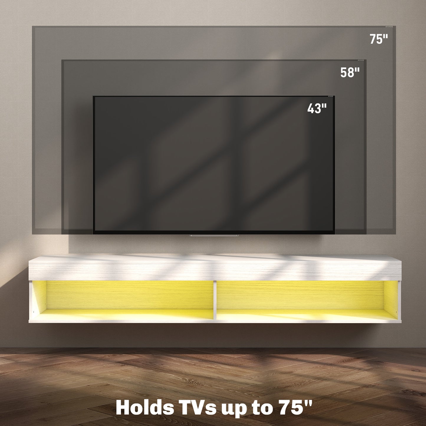 Modern Wall Mounted TV Stand with Storage and LED Lights for TVs up to 75", Floating TV Shelf for Living Room, White