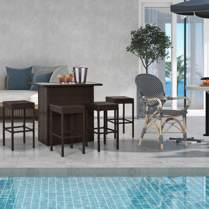 5-Piece PE Rattan Bar Set with Glass Top Table - Dark Brown