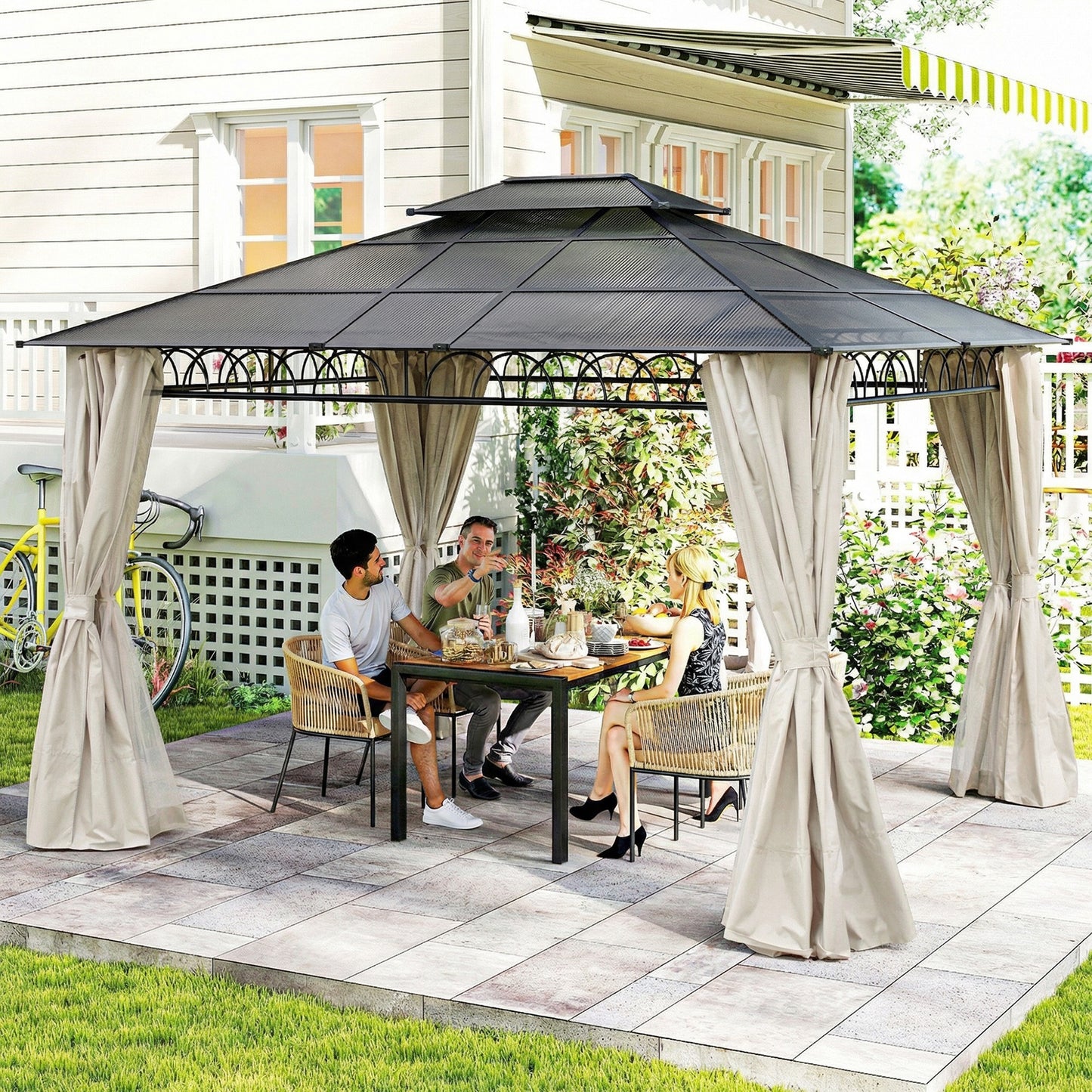 10' x 12' Outdoor Gazebo Canopy, Double Roof Hardtop Gazebo with Polycarbonate Roof, Steel Frame, Nettings and Curtains