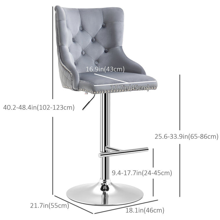 Swivel Velvet Bar Stools Set of 2 with Nailhead Trim - Grey