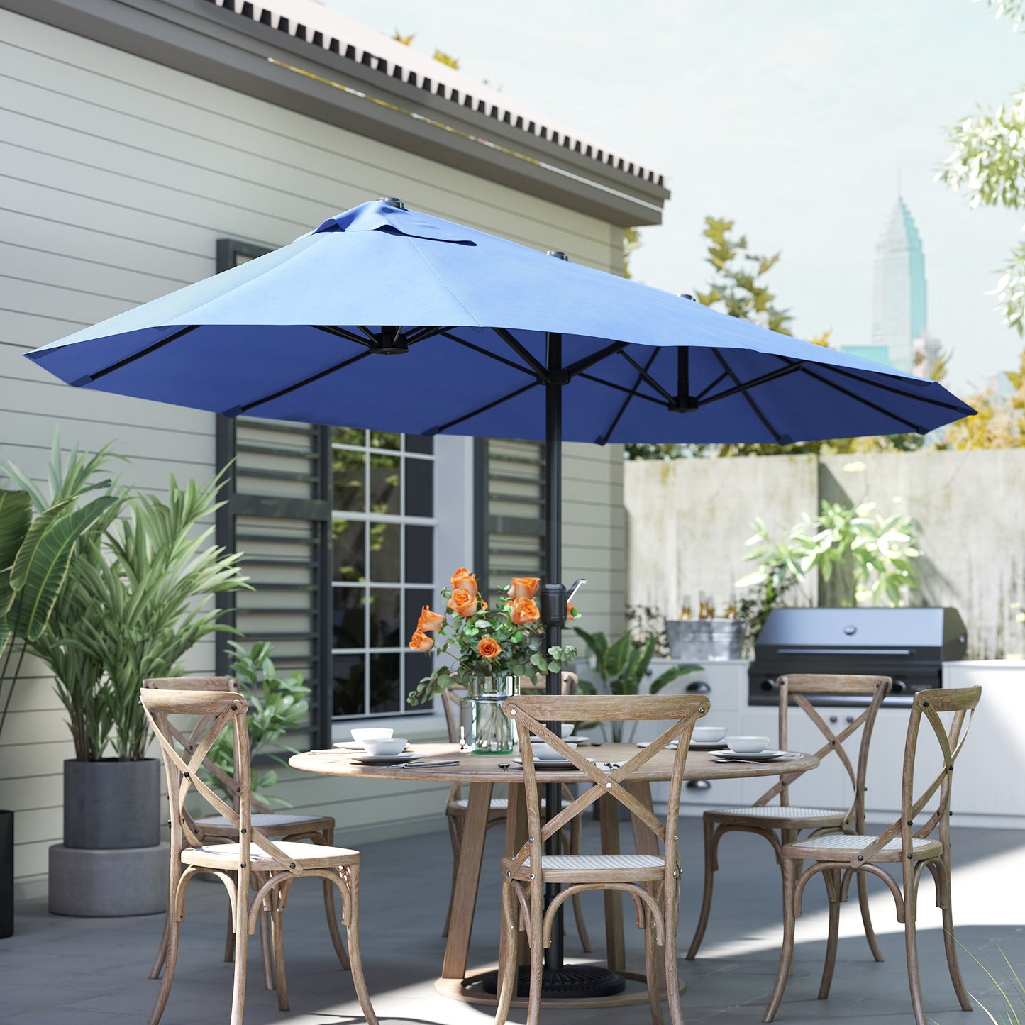 15ft Double-sided Patio Umbrella with Twin Canopy, Extra Large Outdoor Parasol with Crank for Pool, Deck, Market, Blue