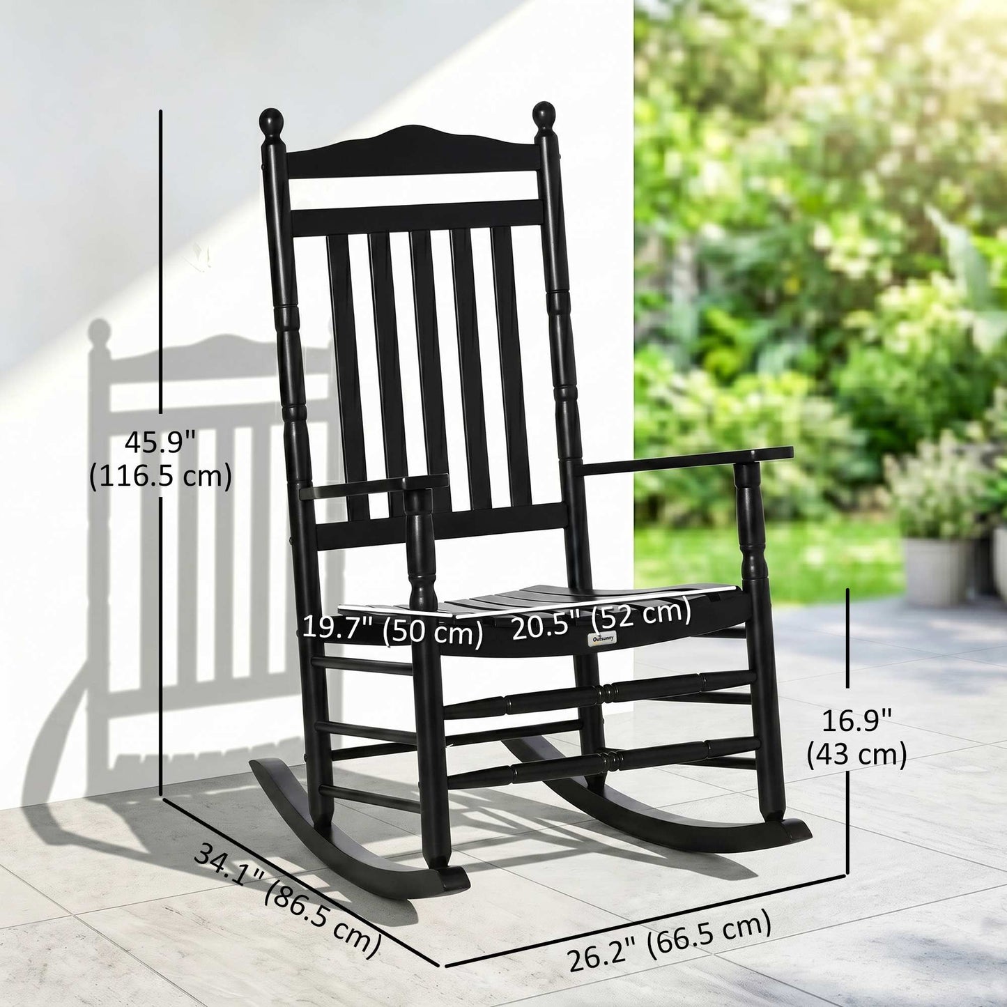 Wooden Outdoor Rocking Chair, Patio Rocking Chair with Slatted High Back and Armrests for Porch, Garden, Lawn, White