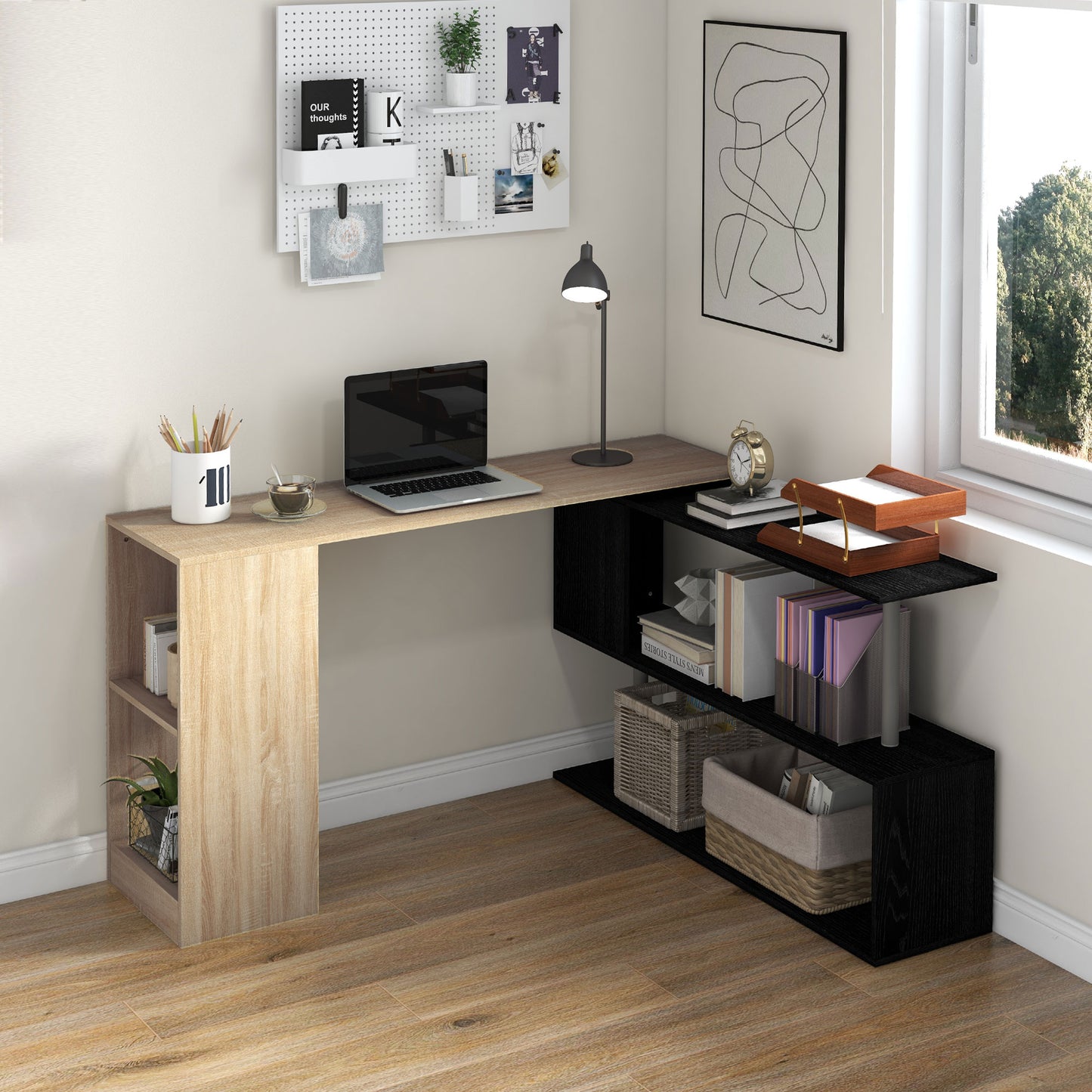 55" Corner Computer Desk, 360° Rotating L-Shaped Desk, Home Office Workstation with 3-Tier Shelves