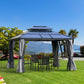 10'x12' Hardtop Patio Gazebo Aluminum Gazebo Canopy with Double Tier Roof, Curtains, Netting Sidewalls, Black & Grey