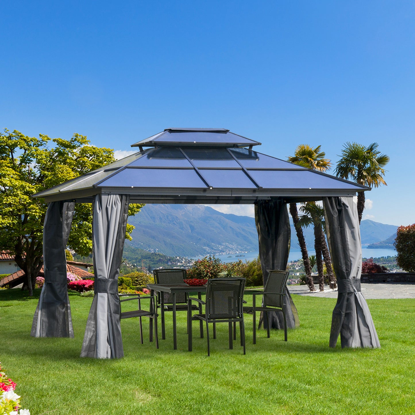 10'x12' Hardtop Patio Gazebo Aluminum Gazebo Canopy with Double Tier Roof, Curtains, Netting Sidewalls, Black & Grey